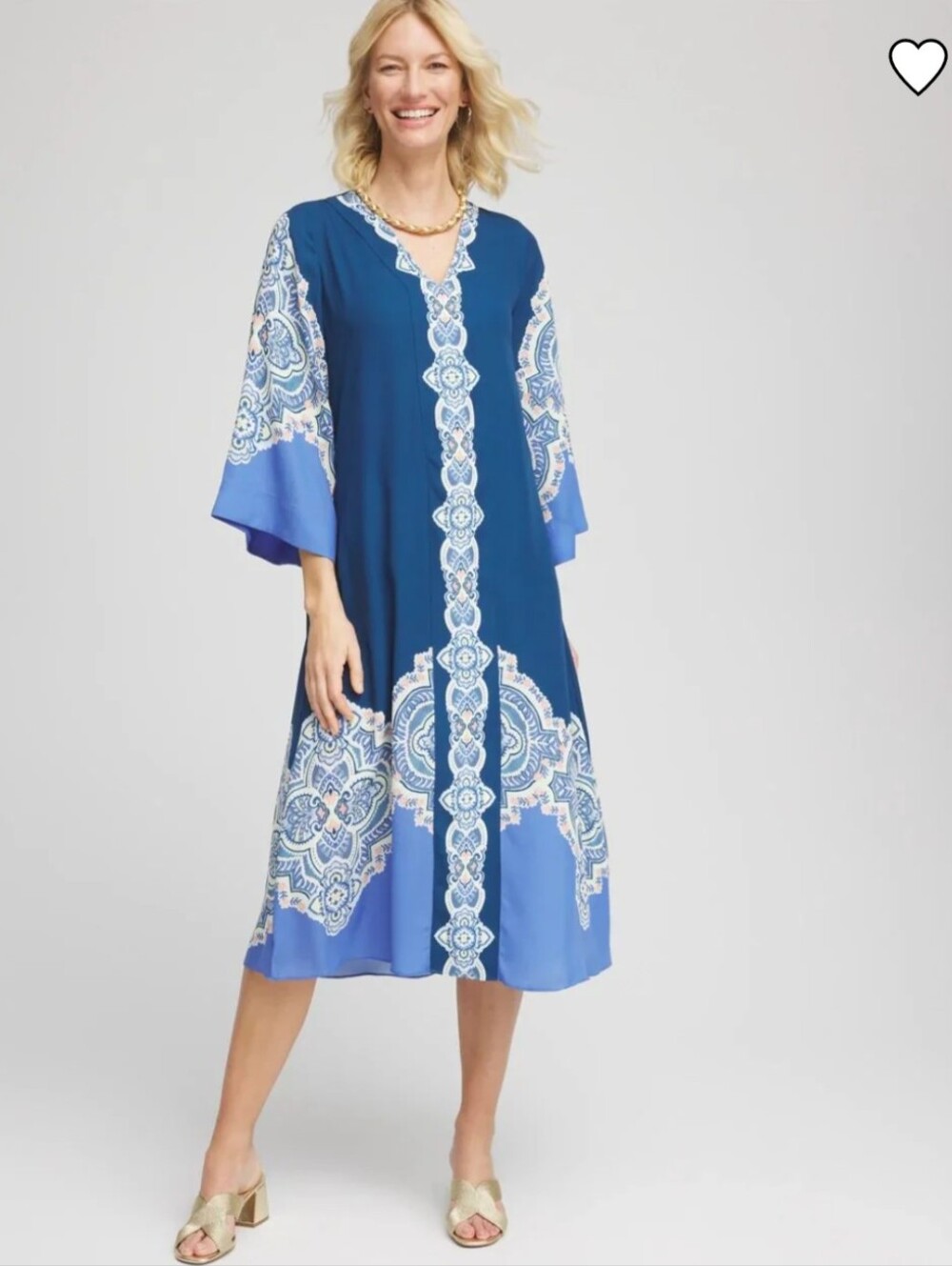 Chicos Kaftan Midi Dress Popover Floral Flowy Boho Summer 1 US M Blue Pocket NEW